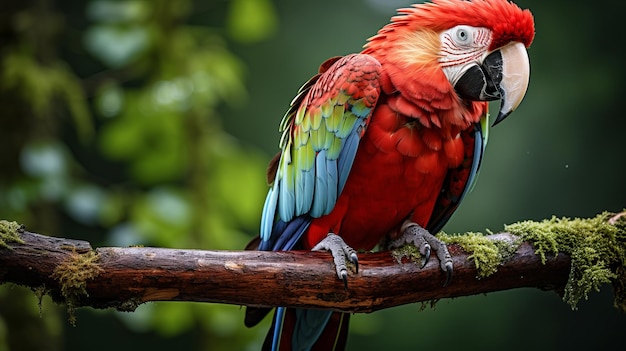 El vibrante guacamayo con exquisitos ojos verdes se alza en la rama de la exuberante selva tropical Ultrarealismo cinematográfico