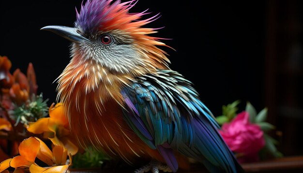 Un vibrante guacamayo multicolor se encuentra en una rama con el pico abierto generado por la IA