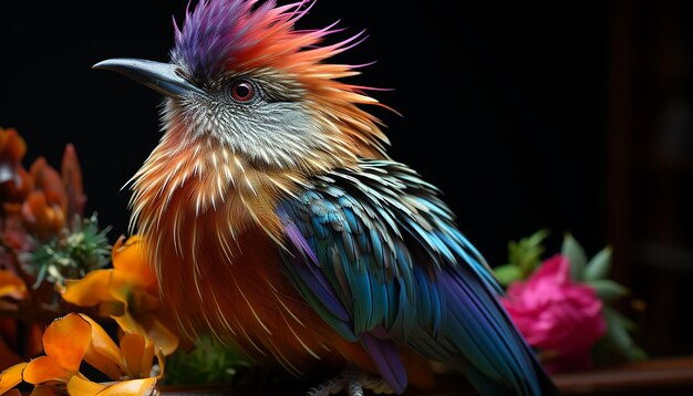 Foto un vibrante guacamayo multicolor se encuentra en una rama con el pico abierto generado por la ia