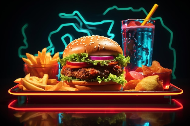 La vibrante hamburguesa de neón y la taza de refresco en el marco del mensaje evocan antojo de agua en la boca