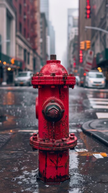 un vibrante hidrante de fuego rojo se encuentra prominentemente en una calle de la ciudad