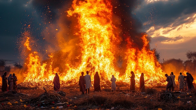 vibrante hoguera Holika Dahan con gente reunida alrededor