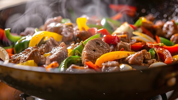 Vibrante y humeante WokSeared Pork StirFry con pimientos de color y cebolla delicioso
