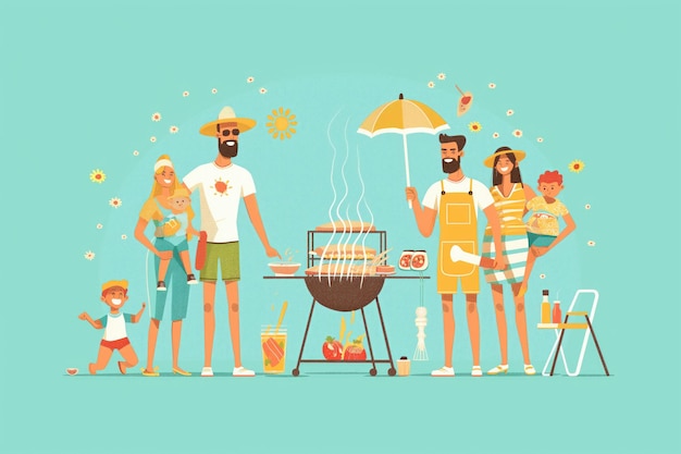 Foto una vibrante ilustración 2d de dibujos animados de una familia que tiene una barbacoa con una comida a la parrilla y alegre
