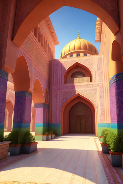Foto una vibrante ilustración en 3d de una majestuosa mezquita con una gran puerta en el centro