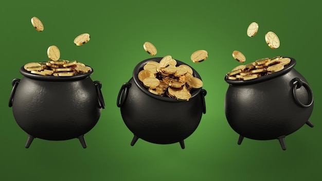 Una vibrante ilustración en 3D de una olla de oro rodeada de tréboles espíritu del día de San Patricio