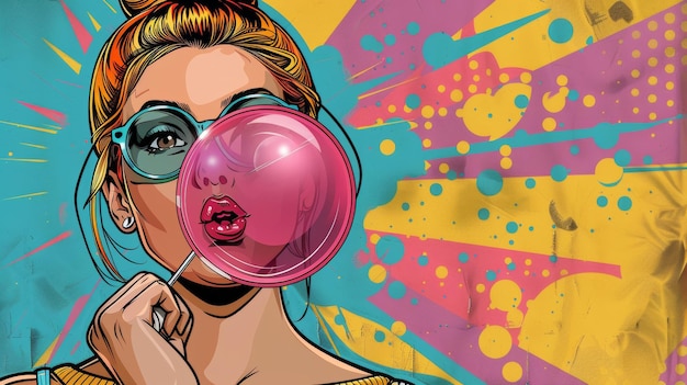 Foto vibrante ilustración de arte pop de una mujer con un globo de chicle al estilo de los cómics