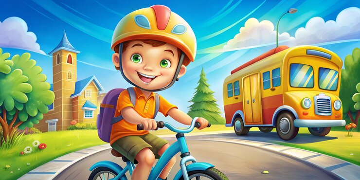 Una vibrante ilustración de dibujos animados con un niño montando una bicicleta con un autobús escolar en el fondo.
