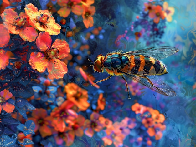 Una vibrante ilustración digital de una abeja flotante polinizando brillantes flores en un azul de ensueño