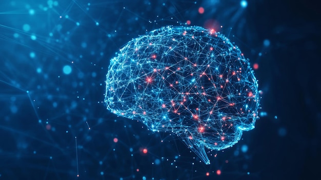 Una vibrante ilustración digital muestra un cerebro humano hecho de nodos y conexiones brillantes.