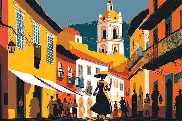 Una vibrante ilustración digital de Salvador Bahia con la colorida arquitectura colonial