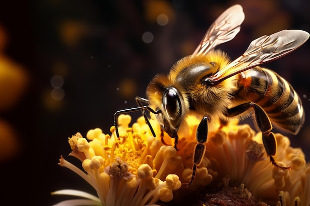 Vibrante ilustración del generador de IA de una abeja muy realista en busca de polen