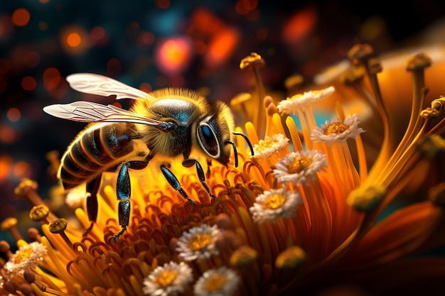 Vibrante ilustración del generador de IA de una abeja muy realista en busca de polen