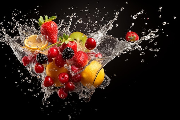 Vibrante ilustración del generador de IA de varias frutas salpicando agua