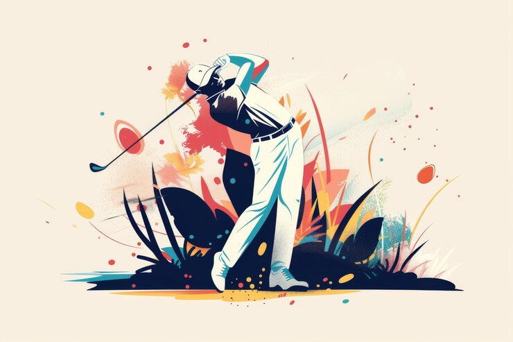 Una vibrante ilustración de un golfista balanceando un palo en medio de formas abstractas de colores y elementos de la naturaleza