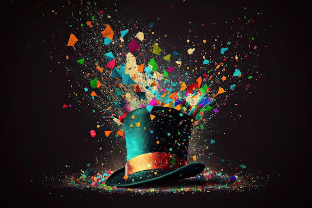 Una vibrante ilustración de temática circense que presenta un colorido sombrero de payaso y confeti que captura la emoción y la alegría de una actuación circense Generada por IA