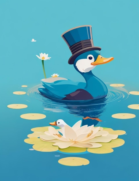 Una vibrante ilustración vectorial plana de un pato con un sombrero de copa