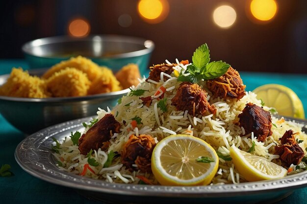 Una vibrante imagen de biriyani servido con un refrescante m