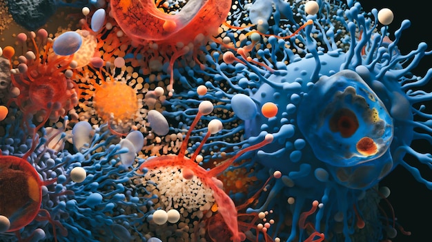 Una vibrante imagen microscópica muestra células inmunes que representan diversos colores atravesando activamente