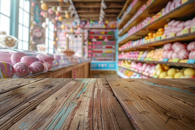 Vibrante interior de la tienda de dulces con dulces coloridos en los estantes y el mostrador de madera rústico vacío