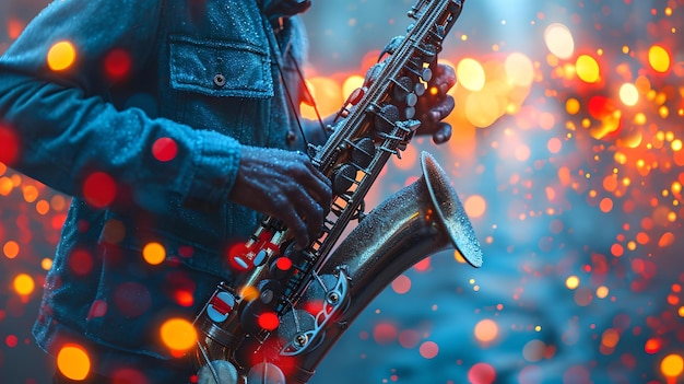 Vibrante interpretación de saxofón en tonos azules, pasión de los músicos capturada en el escenario con luces bokeh AI