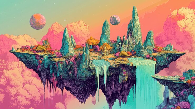 Una vibrante isla flotante, un paraíso en un cielo de ensueño