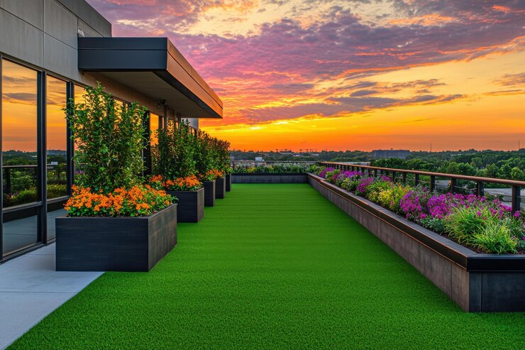 Un vibrante jardín en la azotea con coloridas flores y vegetación contra un impresionante trasfondo de puesta de sol