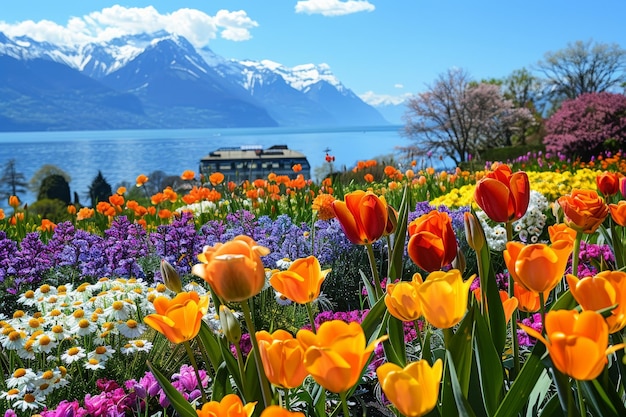 Un vibrante jardín de flores en las orillas del lago Webb en Ch nada con montañas y cielo azul en el fondo