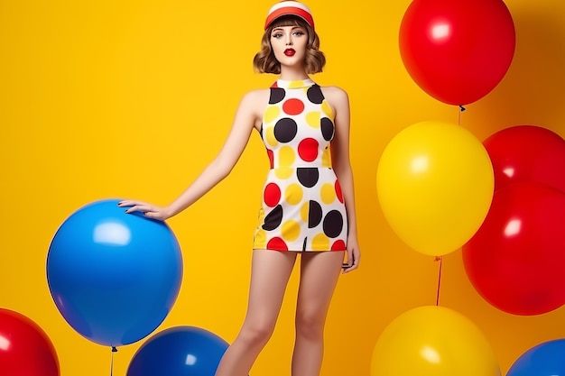 Vibrante y juguetona, una chica delgada y impresionante que muestra su traje de baño junto a coloridos globos en un Y aislado.