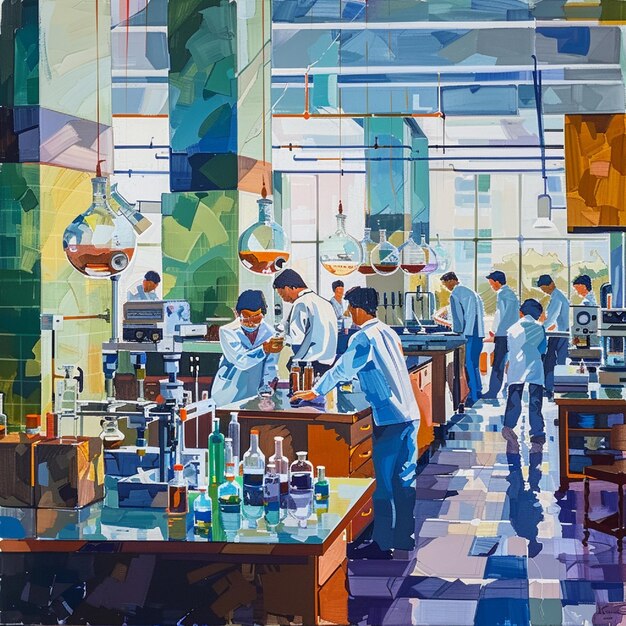 Un vibrante laboratorio de química con estudiantes que llevan a cabo experimentos