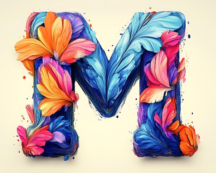 Foto vibrante letra floral m desenho artístico uma representação colorida do alfabeto com traços de tinta e motivos florais
