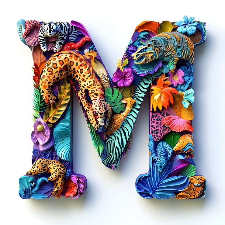 Foto vibrante letra m 3d com intrincados padrões de animais nas cores do arco-íris