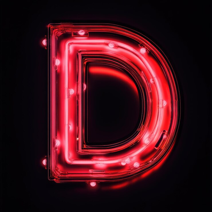 Foto vibrante letra de neón d con luces de neón realistas sobre un fondo negro brillante