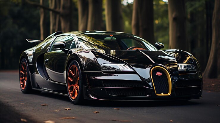 Un vibrante y llamativo Bugatti Veyron con un trabajo de pintura en negro y amarillo y un borde verde brillante