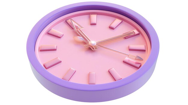 Un vibrante y llamativo icono renderizado en 3D de un reloj rosado y púrpura que añadirá un toque de color a cualquier proyecto aislado en un fondo blanco para una fácil integración Perfecto para negocios