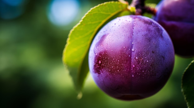 Vibrante macro toma de una ciruela púrpura en un árbol