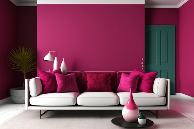 Vibrante Magenta Móveis elegantes para o sofá e mesa em design de casa moderna