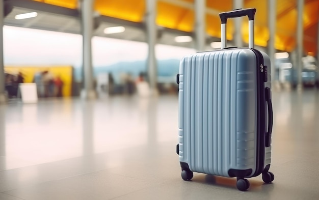 Una vibrante maleta de viaje azul se encuentra en una terminal borrosa del aeropuerto