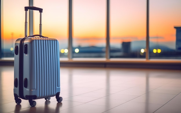 Una vibrante maleta de viaje azul se encuentra en una terminal borrosa del aeropuerto