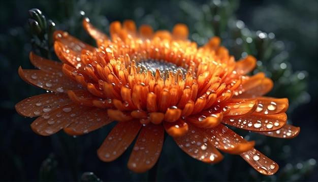 Vibrante margarita gerbera en pradera húmeda gotas de rocío sobre pétalos generados por inteligencia artificial