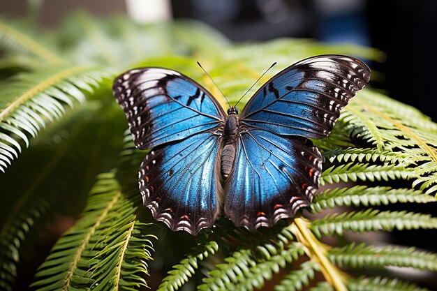Foto la vibrante mariposa morfo azul en una hoja tropical