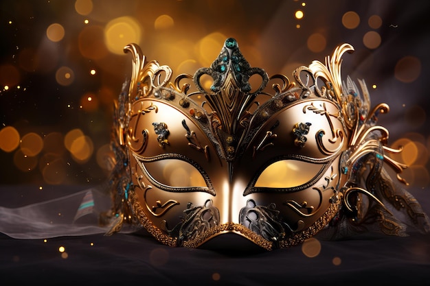 Vibrante máscara de carnaval adornada con bokeh iluminada por luces creadas con IA generativa