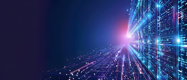 Vibrante matriz digital con brillantes luces de neón que se extienden en la distancia