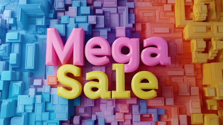 Foto vibrante mega venta con formas coloridas junto con texto dinámico