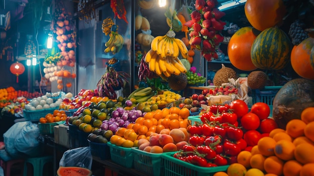 Vibrante mercado callejero con coloridas frutas y verduras