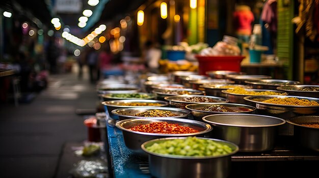 Un vibrante mercado callejero de comida con ofertas coloridas y una atmósfera animada bajo una iluminación brillante