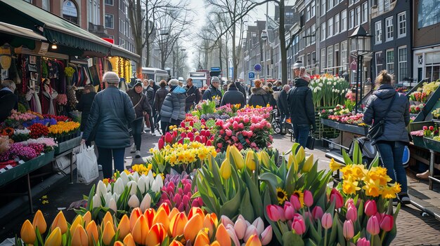 Un vibrante mercado de flores con una variedad de tulipanes que atrae a una multitud diversa de personas