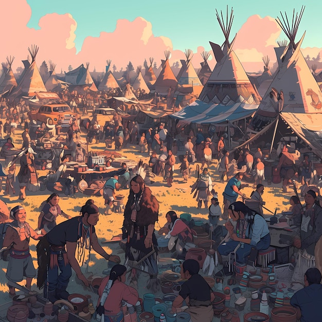Foto el vibrante mercado de los nativos americanos en pleno apogeo