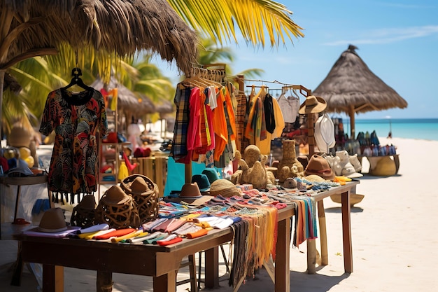 Vibrante mercado de playa que vende recuerdos y productos locales