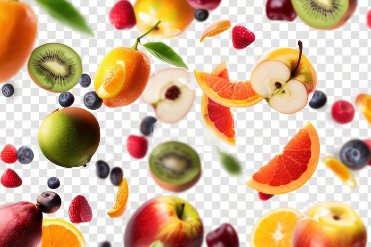 Una vibrante mezcla de frutas frescas, incluida la papaya cítrica y las bayas, flotando contra un transparente